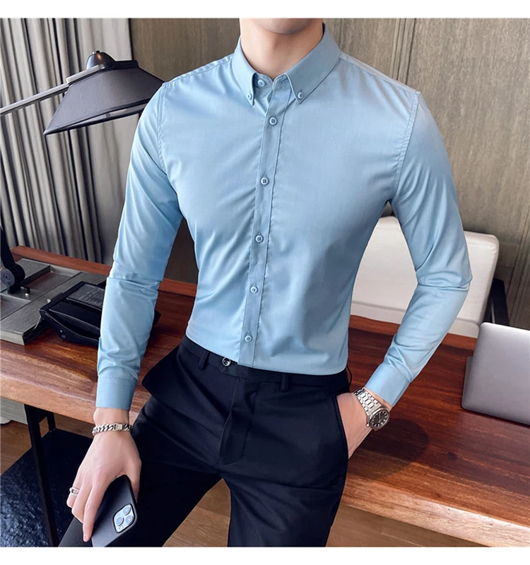 British Style Mens Shirt Long Sleeve 2024 New Solid Casual Slim Fit Formal Dress Camisas Fashion Men Clothing Oversized 7XL-S