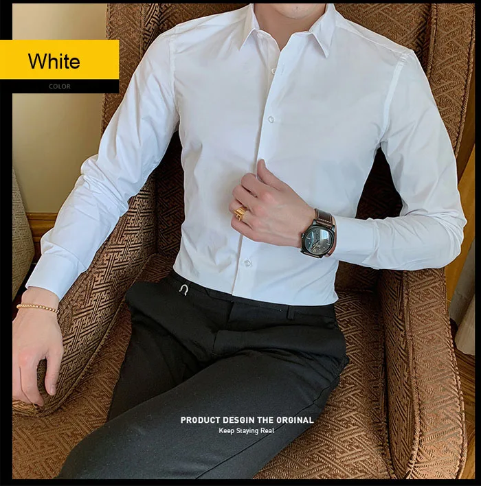 Spring and Autumn Business Solid Color Thin Lapel Long Sleeved Shirt for Men