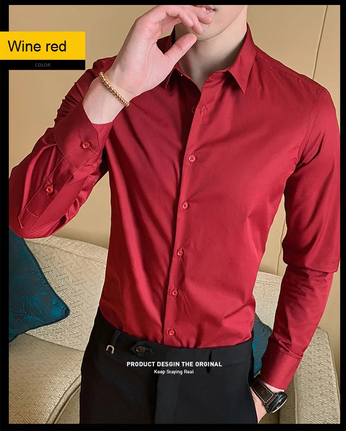 Spring and Autumn Business Solid Color Thin Lapel Long Sleeved Shirt for Men