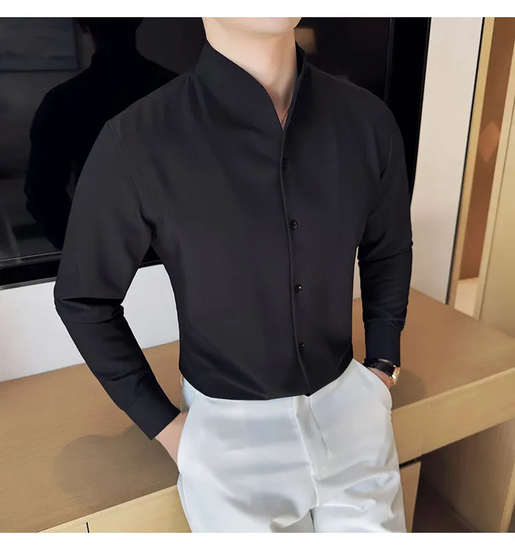 Sexy V-neck Shirt Men's Long Sleeved Casual Shirts Collarless Seamless Business Dress Shirt Social Party Tuxedo Blouse M-4XL