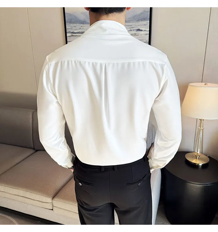 Sexy V-neck Shirt Men's Long Sleeved Casual Shirts Collarless Seamless Business Dress Shirt Social Party Tuxedo Blouse M-4XL