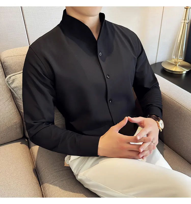 Sexy V-neck Shirt Men's Long Sleeved Casual Shirts Collarless Seamless Business Dress Shirt Social Party Tuxedo Blouse M-4XL