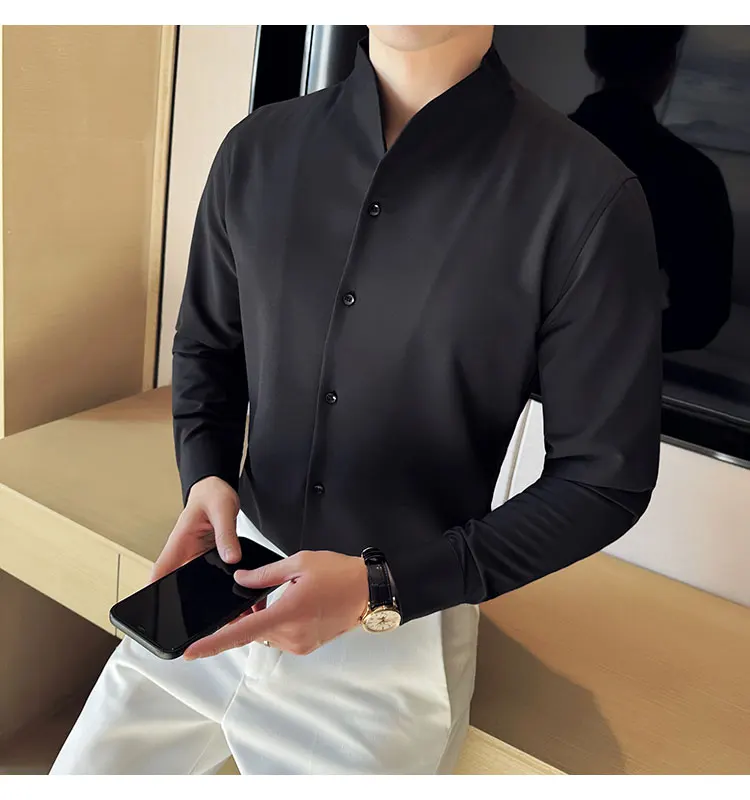 Sexy V-neck Shirt Men's Long Sleeved Casual Shirts Collarless Seamless Business Dress Shirt Social Party Tuxedo Blouse M-4XL