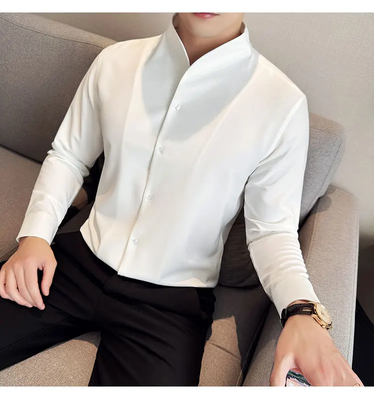 Sexy V-neck Shirt Men's Long Sleeved Casual Shirts Collarless Seamless Business Dress Shirt Social Party Tuxedo Blouse M-4XL