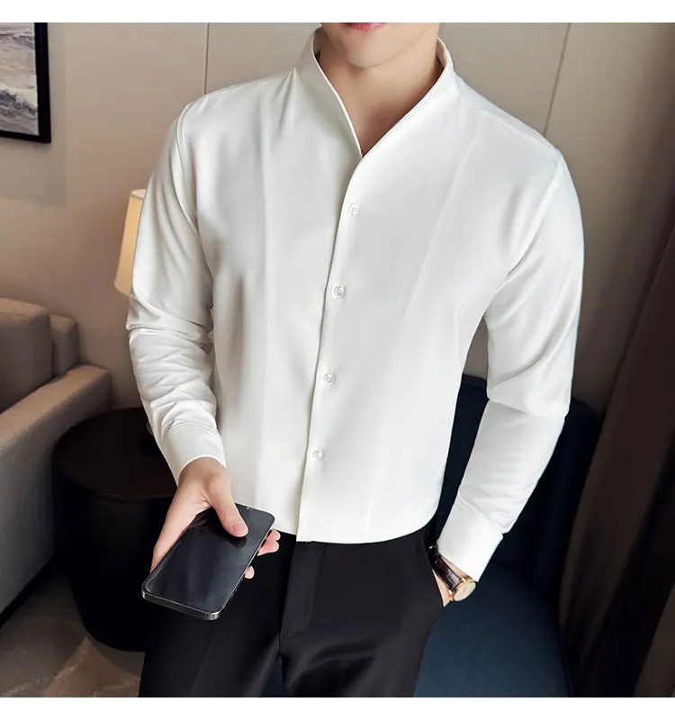 Sexy V-neck Shirt Men's Long Sleeved Casual Shirts Collarless Seamless Business Dress Shirt Social Party Tuxedo Blouse M-4XL