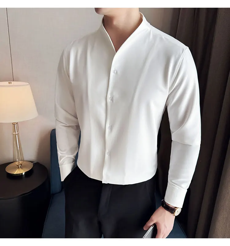 Sexy V-neck Shirt Men's Long Sleeved Casual Shirts Collarless Seamless Business Dress Shirt Social Party Tuxedo Blouse M-4XL