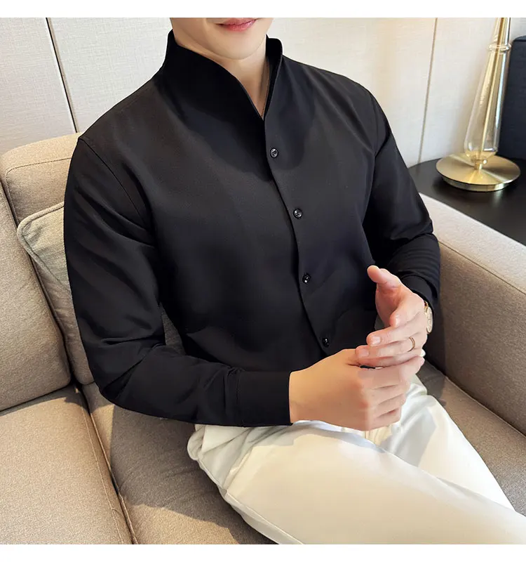 Sexy V-neck Shirt Men's Long Sleeved Casual Shirts Collarless Seamless Business Dress Shirt Social Party Tuxedo Blouse M-4XL