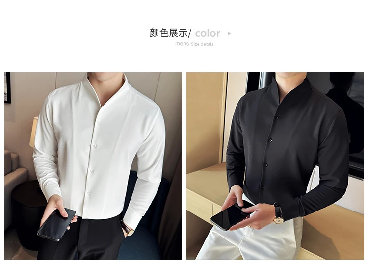 Sexy V-neck Shirt Men's Long Sleeved Casual Shirts Collarless Seamless Business Dress Shirt Social Party Tuxedo Blouse M-4XL