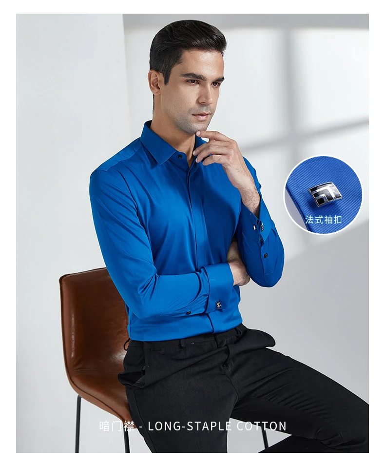 Men's French Cuff Dress Shirt Covered Button Long Sleeve Men Business Formal Shirts Royal Blue Wedding Party Cufflinks Tuxedo