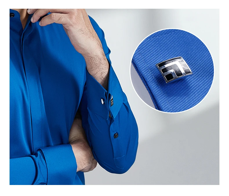 Men's French Cuff Dress Shirt Covered Button Long Sleeve Men Business Formal Shirts Royal Blue Wedding Party Cufflinks Tuxedo