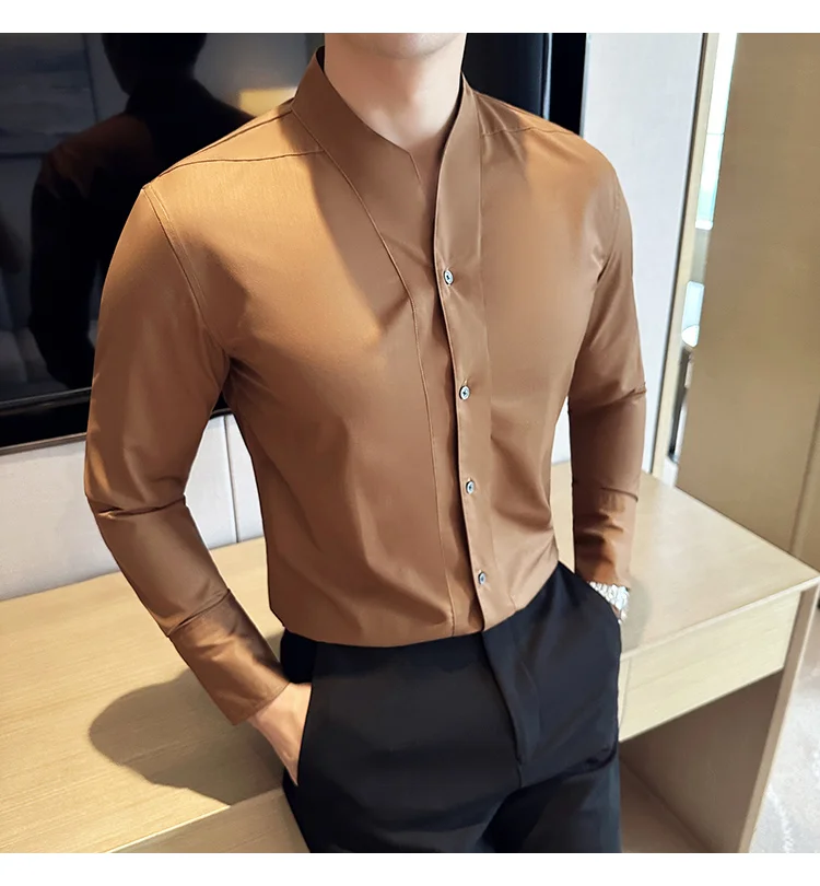 High-End Sexy Large V-neck Shirt Men's Long-Sleeved Design Collarless Shirt Brown Slim Top