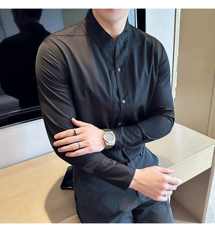 High-End Sexy Large V-neck Shirt Men's Long-Sleeved Design Collarless Shirt Brown Slim Top