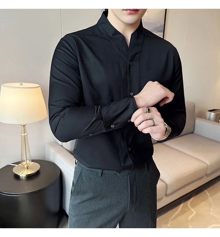 High-End Sexy Large V-neck Shirt Men's Long-Sleeved Design Collarless Shirt Brown Slim Top