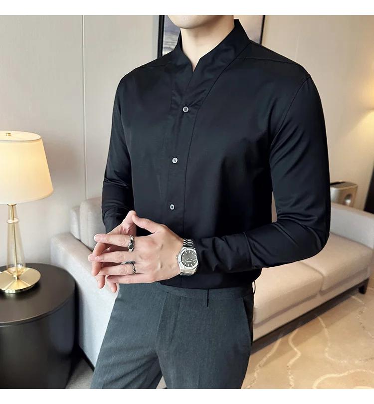 High-End Sexy Large V-neck Shirt Men's Long-Sleeved Design Collarless Shirt Brown Slim Top