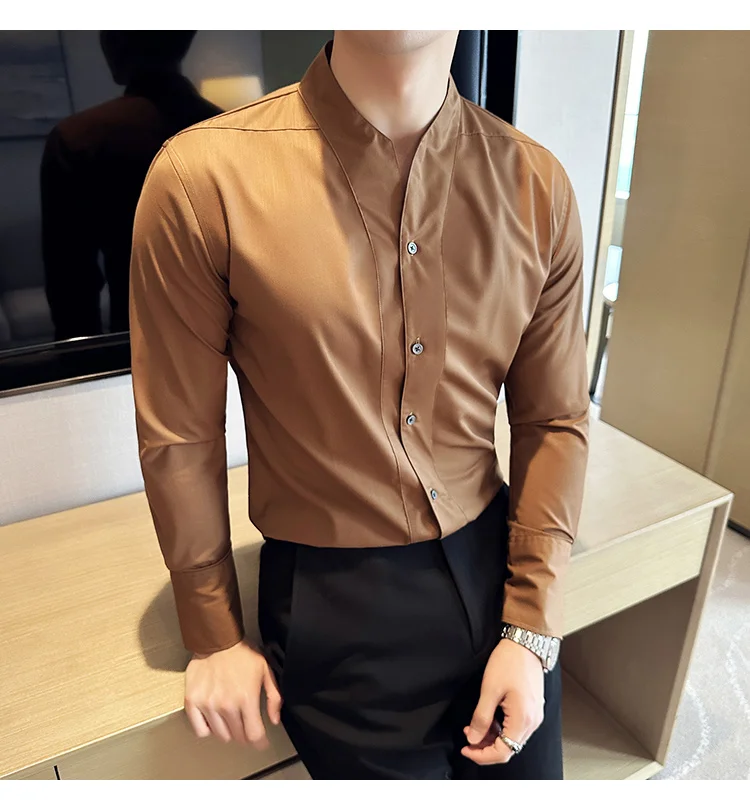 High-End Sexy Large V-neck Shirt Men's Long-Sleeved Design Collarless Shirt Brown Slim Top