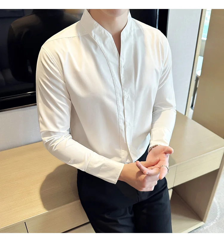 High-End Sexy Large V-neck Shirt Men's Long-Sleeved Design Collarless Shirt Brown Slim Top