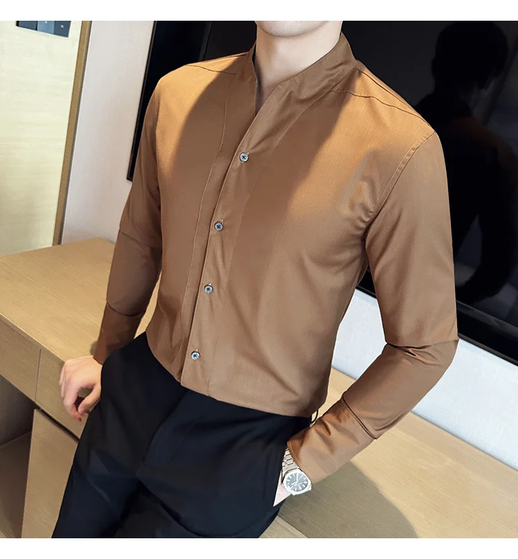 High-End Sexy Large V-neck Shirt Men's Long-Sleeved Design Collarless Shirt Brown Slim Top