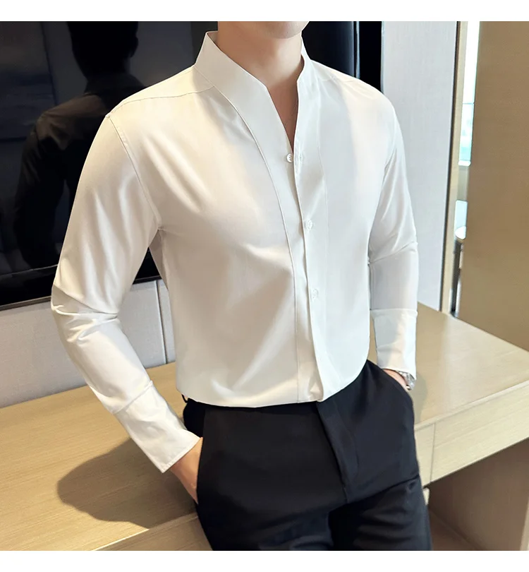 High-End Sexy Large V-neck Shirt Men's Long-Sleeved Design Collarless Shirt Brown Slim Top