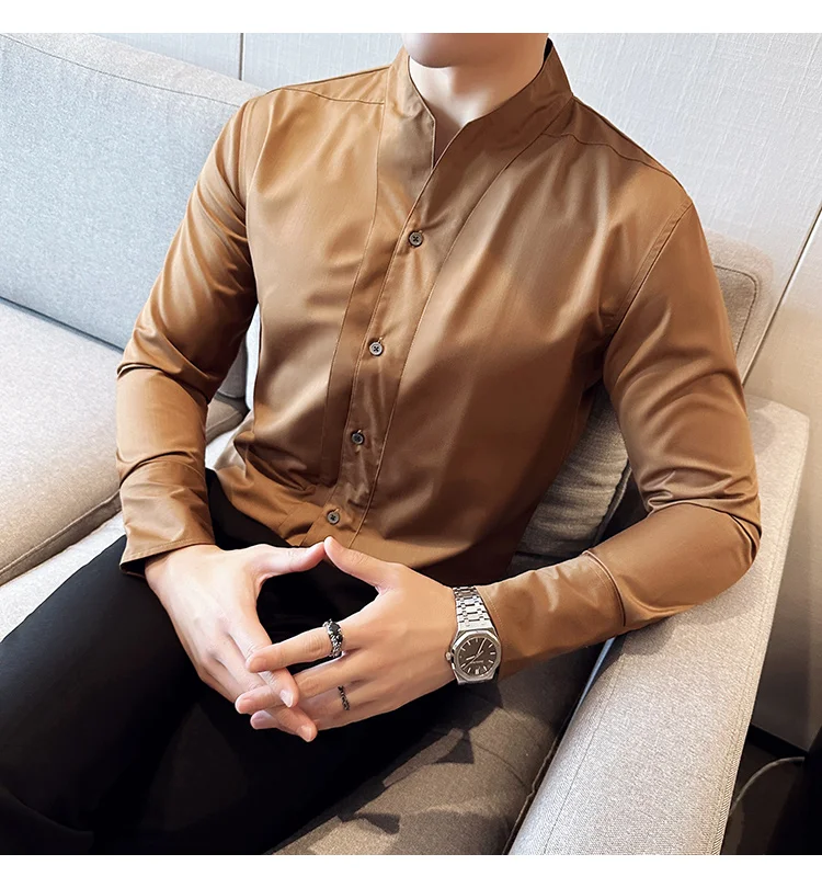 High-End Sexy Large V-neck Shirt Men's Long-Sleeved Design Collarless Shirt Brown Slim Top