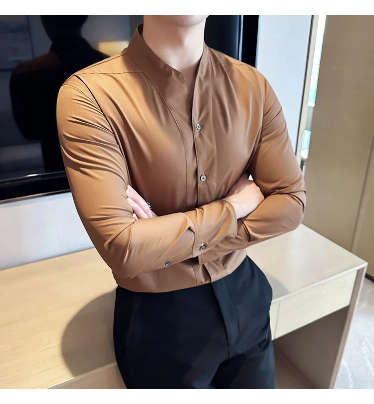 High-End Sexy Large V-neck Shirt Men's Long-Sleeved Design Collarless Shirt Brown Slim Top