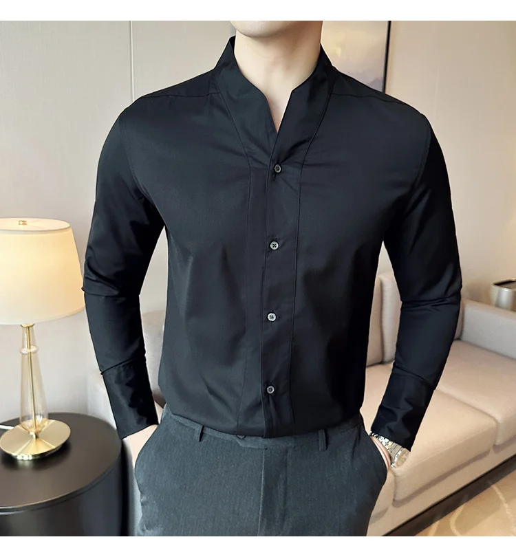 High-End Sexy Large V-neck Shirt Men's Long-Sleeved Design Collarless Shirt Brown Slim Top