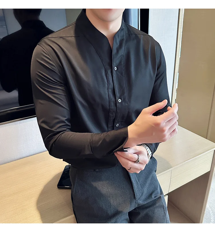 High-End Sexy Large V-neck Shirt Men's Long-Sleeved Design Collarless Shirt Brown Slim Top