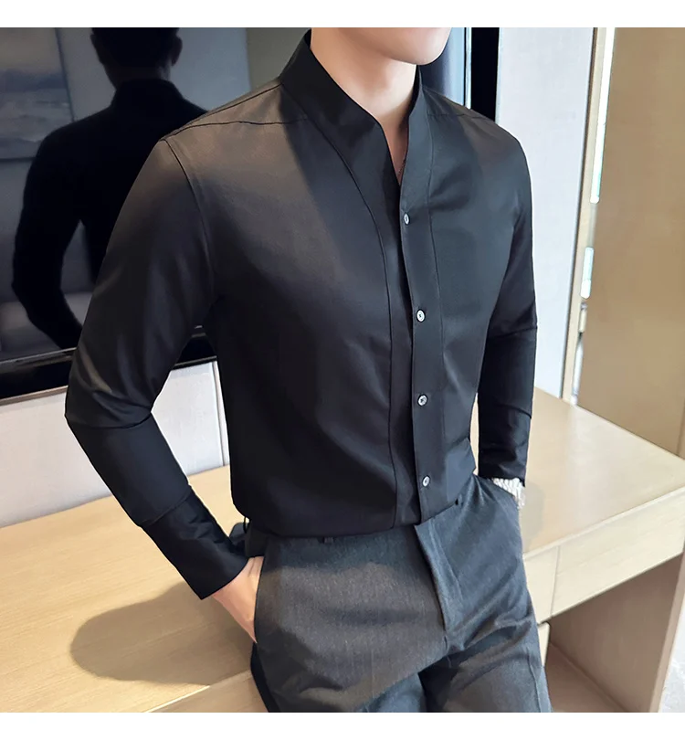 High-End Sexy Large V-neck Shirt Men's Long-Sleeved Design Collarless Shirt Brown Slim Top