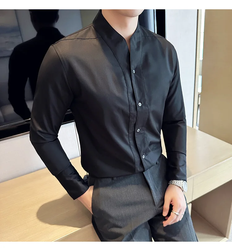 High-End Sexy Large V-neck Shirt Men's Long-Sleeved Design Collarless Shirt Brown Slim Top