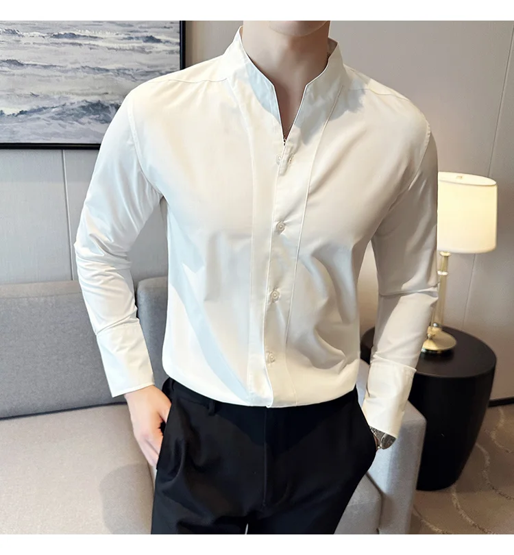 High-End Sexy Large V-neck Shirt Men's Long-Sleeved Design Collarless Shirt Brown Slim Top