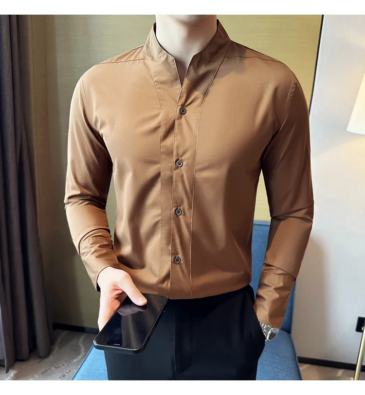 High-End Sexy Large V-neck Shirt Men's Long-Sleeved Design Collarless Shirt Brown Slim Top