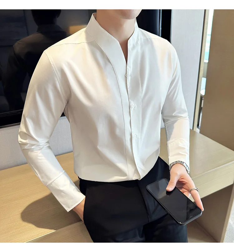 High-End Sexy Large V-neck Shirt Men's Long-Sleeved Design Collarless Shirt Brown Slim Top