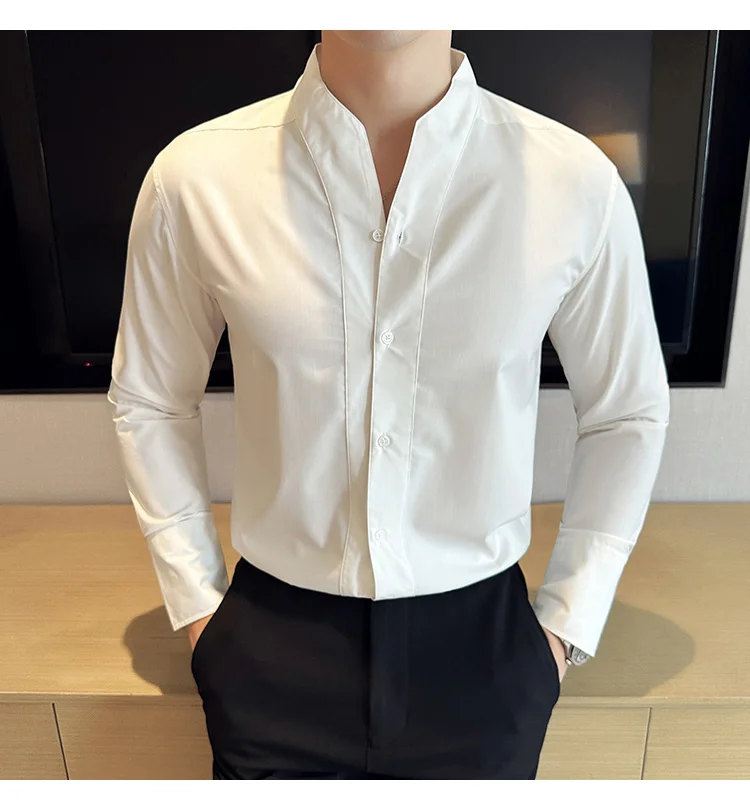 High-End Sexy Large V-neck Shirt Men's Long-Sleeved Design Collarless Shirt Brown Slim Top