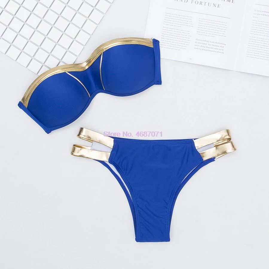 by dhl 200pcs hot Gold Stamping Bikini Set Sexy Padded Women Swimsuit Push Up Bandeau Swimwear Beachwear Brazil Bathing Suit