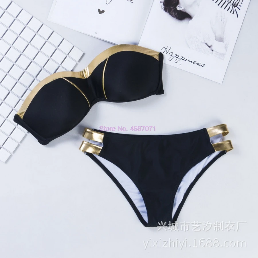 by dhl 200pcs hot Gold Stamping Bikini Set Sexy Padded Women Swimsuit Push Up Bandeau Swimwear Beachwear Brazil Bathing Suit