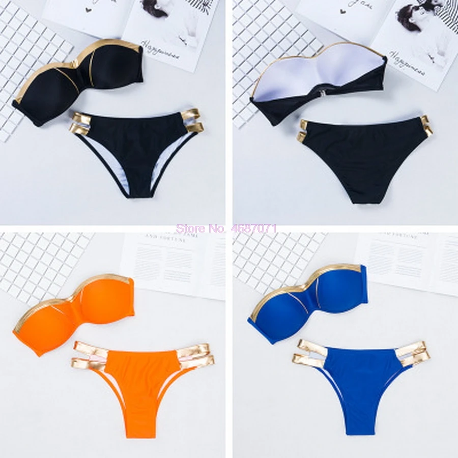 by dhl 200pcs hot Gold Stamping Bikini Set Sexy Padded Women Swimsuit Push Up Bandeau Swimwear Beachwear Brazil Bathing Suit