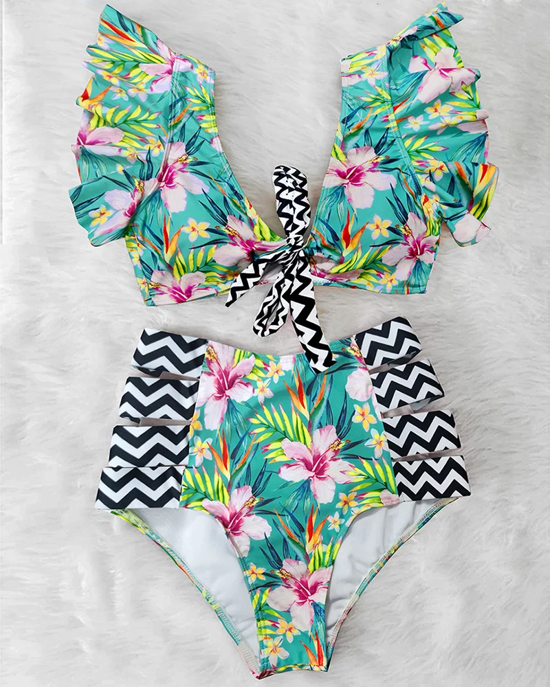 Floral Ruffled Hem Bikini Set Women V-Neck High-Waisted Two Piece Swimsuit 2022 Girl Beach Bathing Suit Swimwear Biquinis