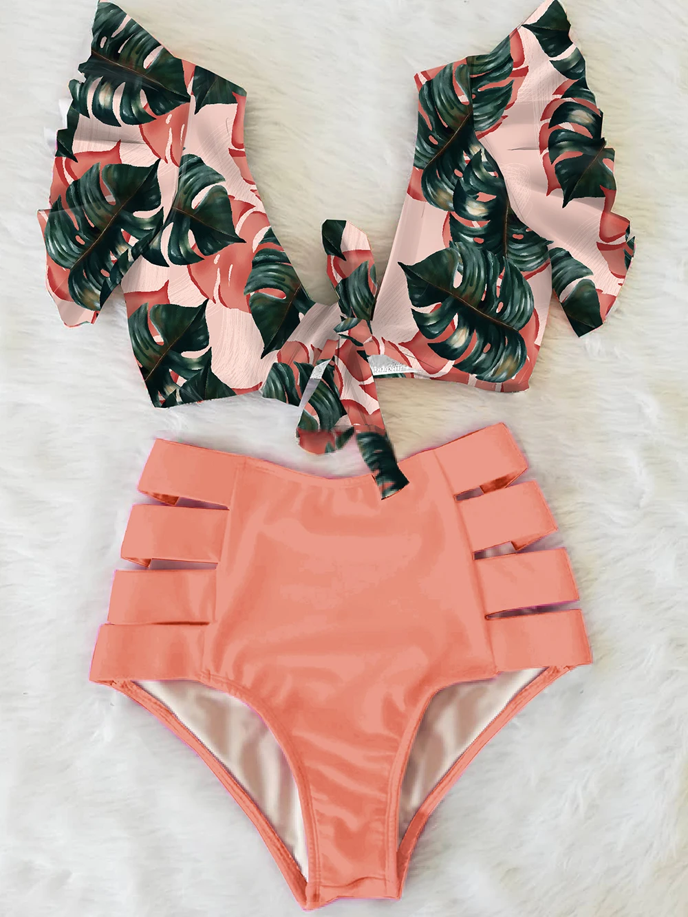 Floral Ruffled Hem Bikini Set Women V-Neck High-Waisted Two Piece Swimsuit 2022 Girl Beach Bathing Suit Swimwear Biquinis