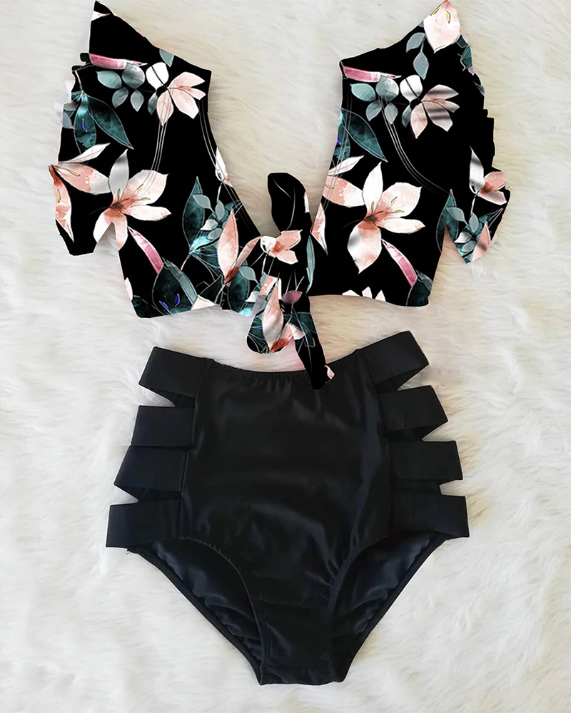 Floral Ruffled Hem Bikini Set Women V-Neck High-Waisted Two Piece Swimsuit 2022 Girl Beach Bathing Suit Swimwear Biquinis