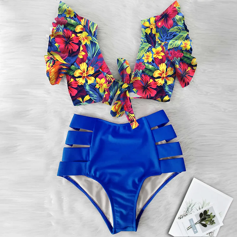 Floral Ruffled Hem Bikini Set Women V-Neck High-Waisted Two Piece Swimsuit 2022 Girl Beach Bathing Suit Swimwear Biquinis