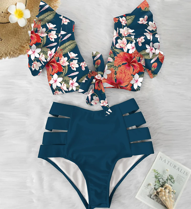 Floral Ruffled Hem Bikini Set Women V-Neck High-Waisted Two Piece Swimsuit 2022 Girl Beach Bathing Suit Swimwear Biquinis