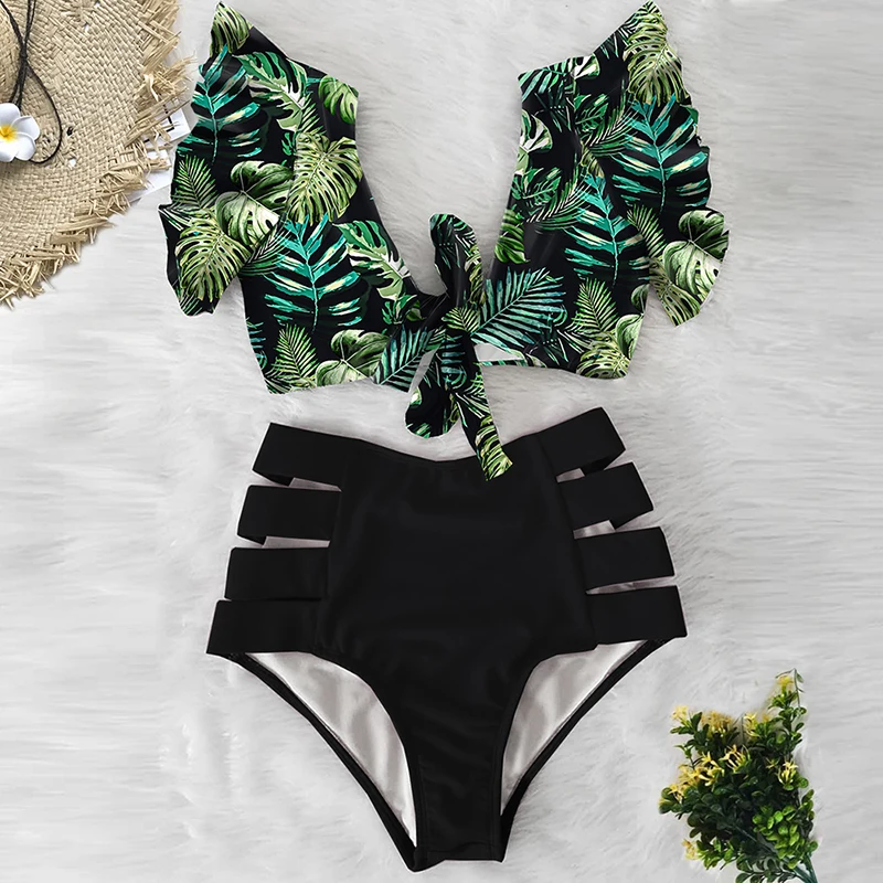 Floral Ruffled Hem Bikini Set Women V-Neck High-Waisted Two Piece Swimsuit 2022 Girl Beach Bathing Suit Swimwear Biquinis