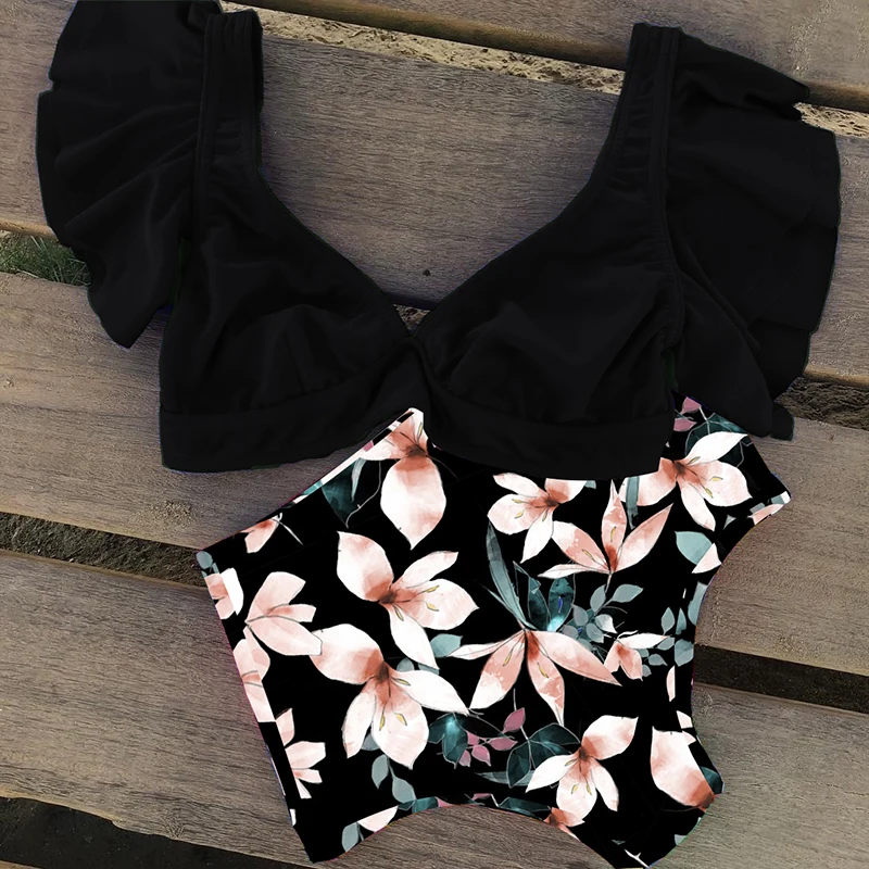 Floral Ruffled Hem Bikini Set Women V-Neck High-Waisted Two Piece Swimsuit 2022 Girl Beach Bathing Suit Swimwear Biquinis