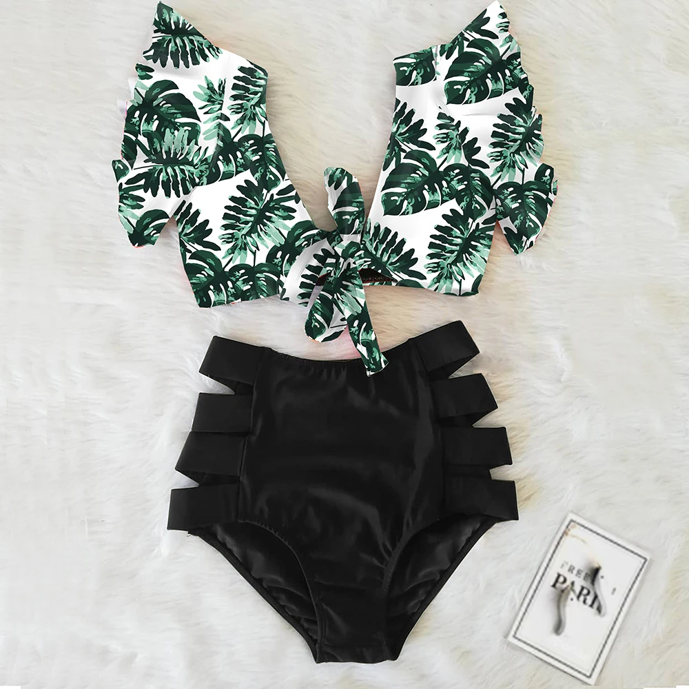 Floral Ruffled Hem Bikini Set Women V-Neck High-Waisted Two Piece Swimsuit 2022 Girl Beach Bathing Suit Swimwear Biquinis