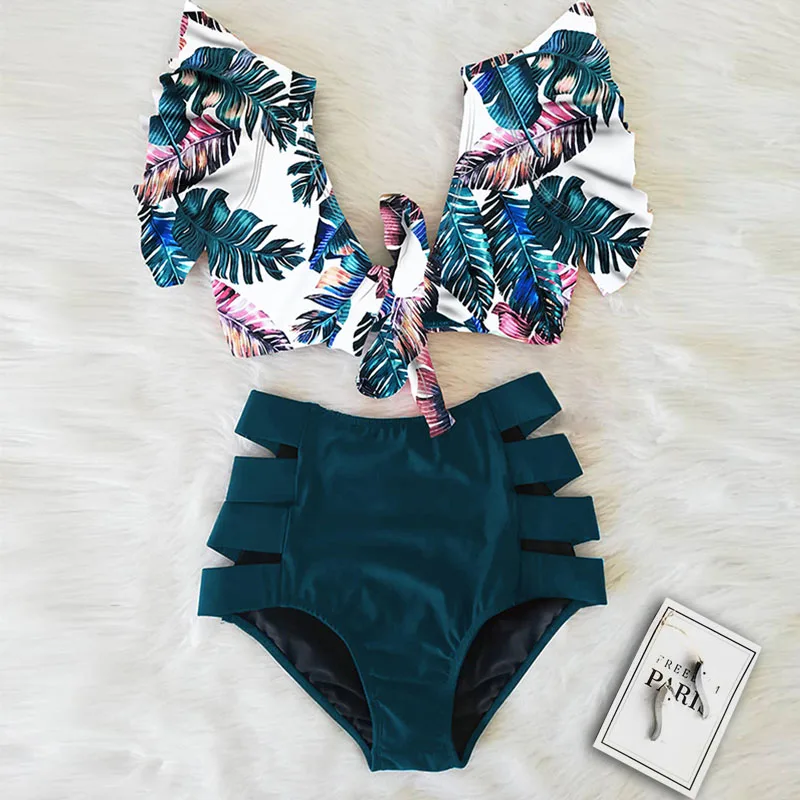 Floral Ruffled Hem Bikini Set Women V-Neck High-Waisted Two Piece Swimsuit 2022 Girl Beach Bathing Suit Swimwear Biquinis