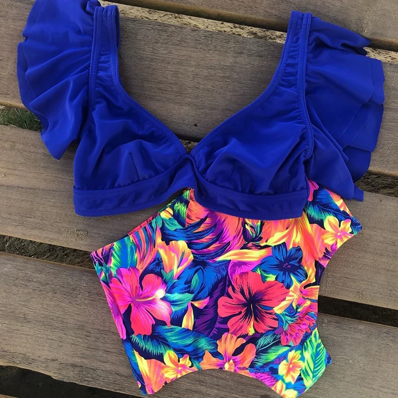 Floral Ruffled Hem Bikini Set Women V-Neck High-Waisted Two Piece Swimsuit 2022 Girl Beach Bathing Suit Swimwear Biquinis