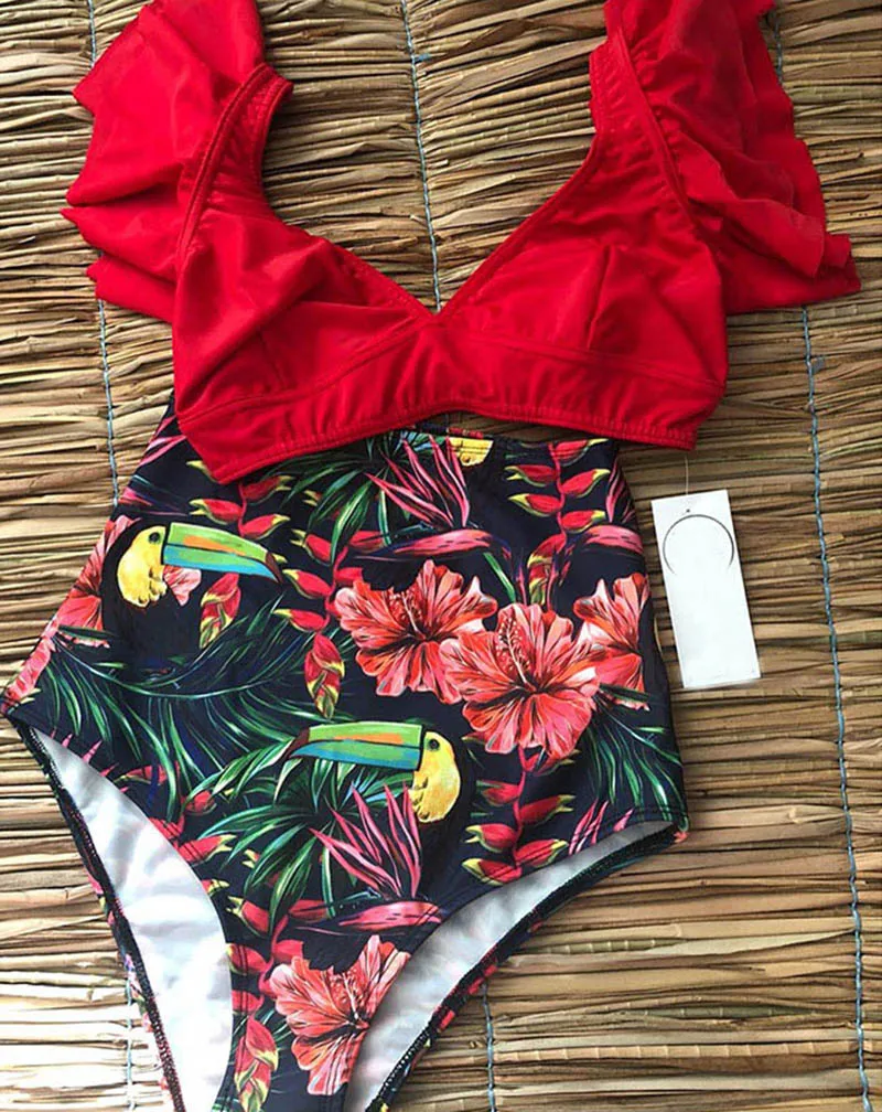 Floral Ruffled Hem Bikini Set Women V-Neck High-Waisted Two Piece Swimsuit 2022 Girl Beach Bathing Suit Swimwear Biquinis