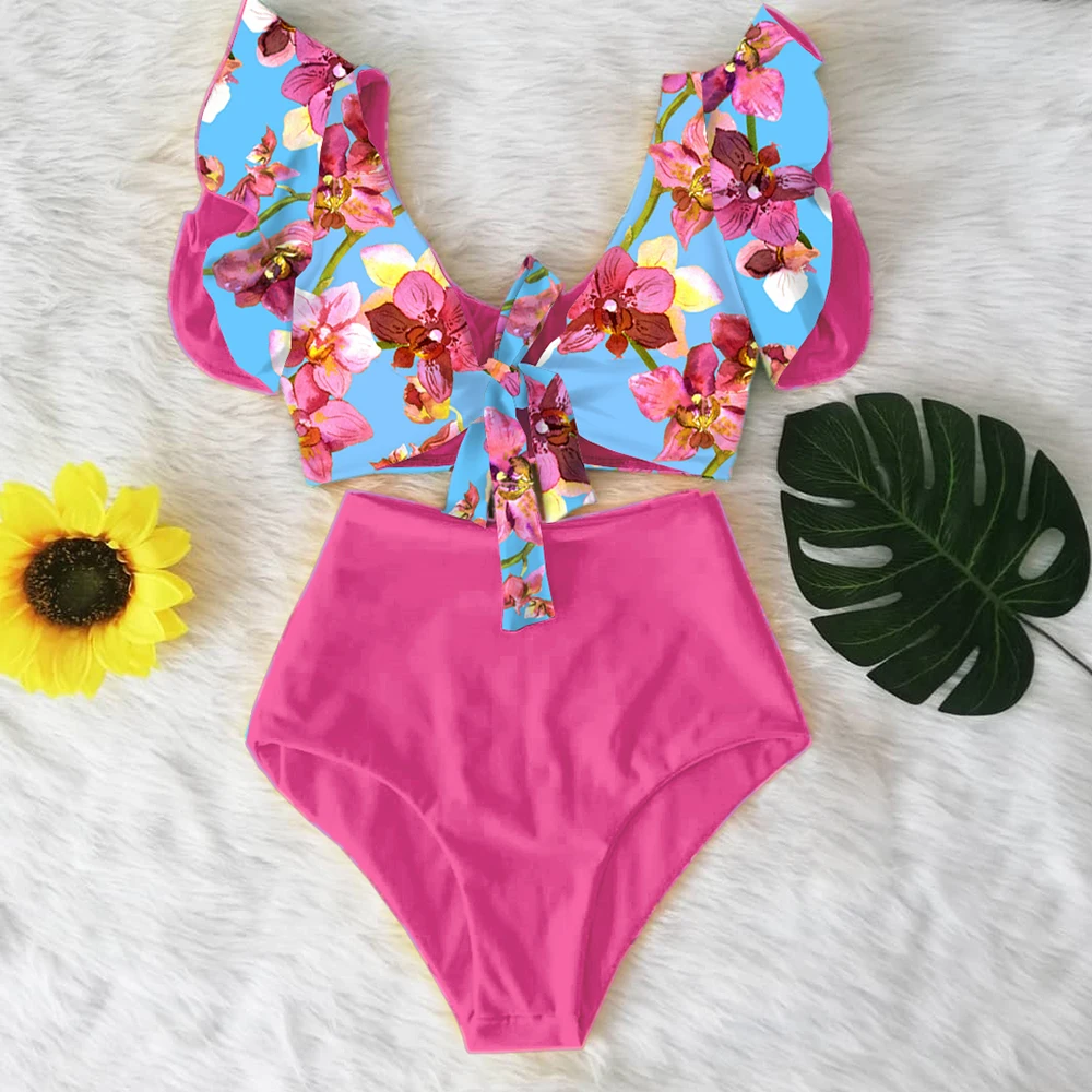 Floral Ruffled Hem Bikini Set Women V-Neck High-Waisted Two Piece Swimsuit 2022 Girl Beach Bathing Suit Swimwear Biquinis