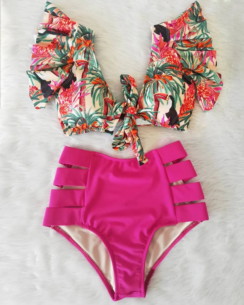 Floral Ruffled Hem Bikini Set Women V-Neck High-Waisted Two Piece Swimsuit 2022 Girl Beach Bathing Suit Swimwear Biquinis