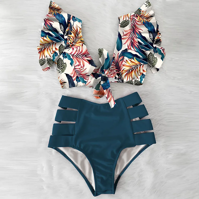 Floral Ruffled Hem Bikini Set Women V-Neck High-Waisted Two Piece Swimsuit 2022 Girl Beach Bathing Suit Swimwear Biquinis