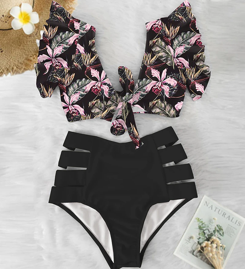 Floral Ruffled Hem Bikini Set Women V-Neck High-Waisted Two Piece Swimsuit 2022 Girl Beach Bathing Suit Swimwear Biquinis